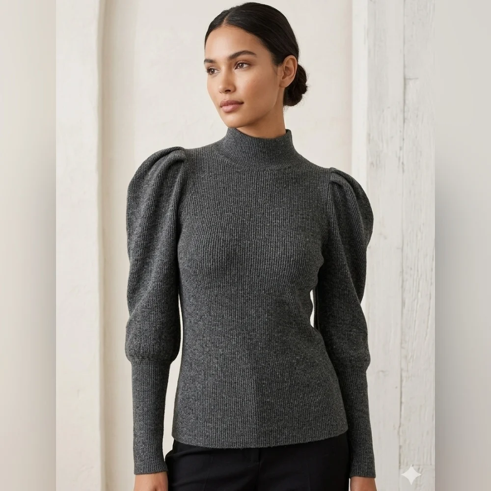 NWT Express Mock-Neck Gigot Sleeve Top - Heather Grey - XS - Sophisticated
